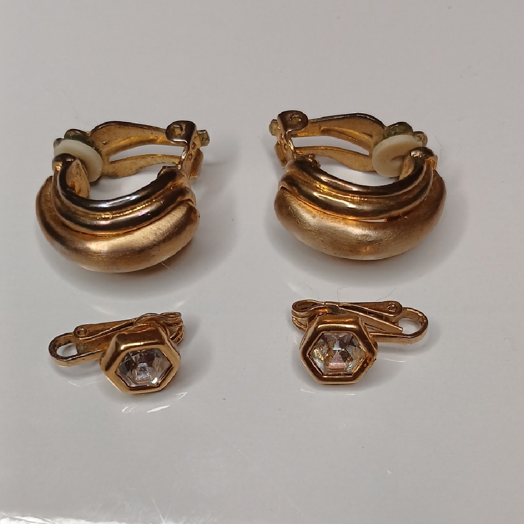 Matte Gold Tone Hoop & Crystal Hexagon Clip-On Earring Set